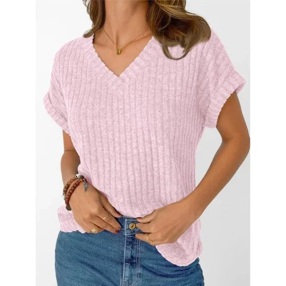 👑Women's Pink Short Sleeve Cute V Neck Stretch Ribbed Knitwear Pullover Sweater - Picture 3 of 6